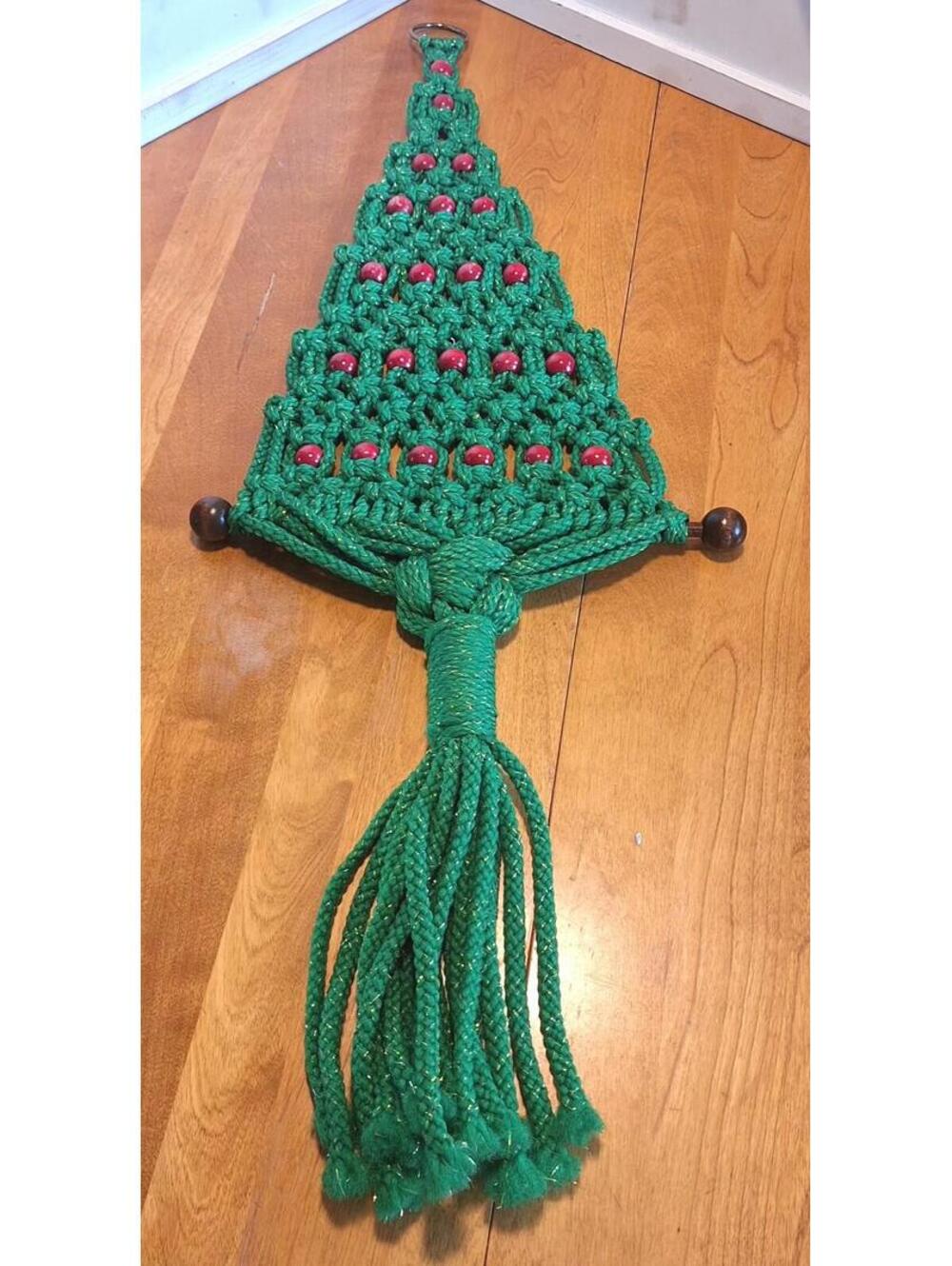Vintage Green Macrame Christmas Tree Wall Hanging Red Beads 36"L X 13"W